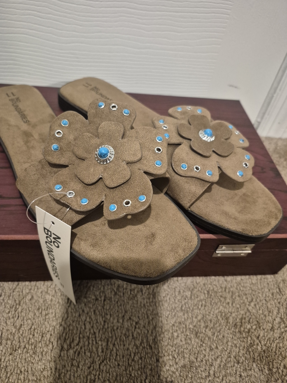 No Boundaries Brown Suede Floral Slide Sandals with Blue Studs